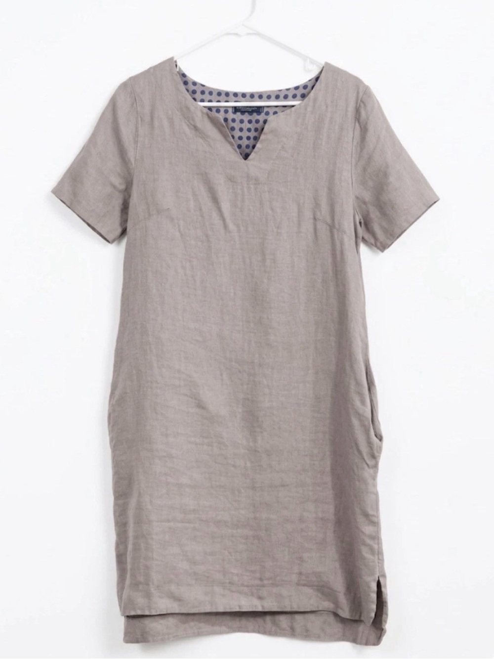 Lungo L’Arno Italy 100% Linen Dress Small Taupe Polka Dot Lining Shift Pockets